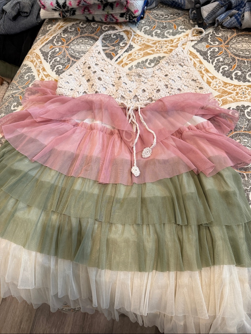 Crocheted Bodice Layered Tulle Dress with Pink, Olive & Cream Ruffles